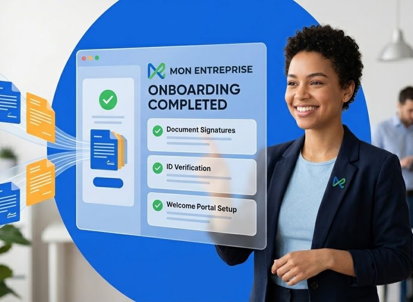 Consultante RH montrant un processus d'onboarding automatisé et fluide sur une interface numérique de Mon Entreprise.